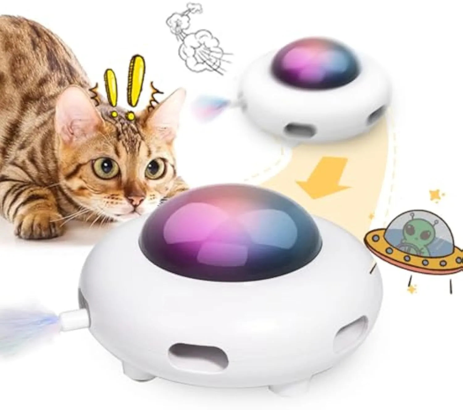 White UFO-shaped automatic cat toy with feathers, LED lights, and a detachable hair-cleaning ring.