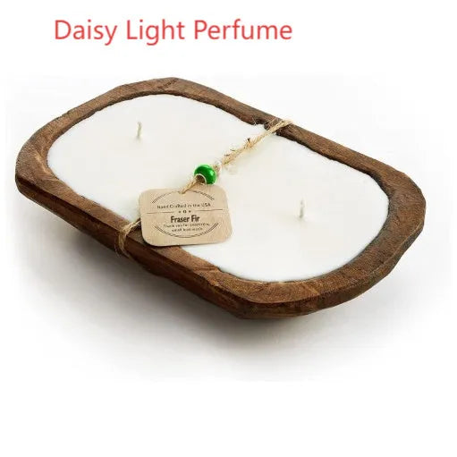 Retro wooden basin containing a soy wax aromatherapy candle with three wicks.