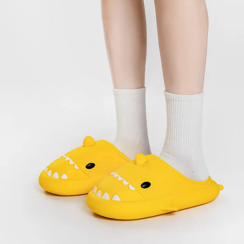 Cartoon shark EVA slippers in yellow couple colour with Baotou closed-toe style and thickened sole