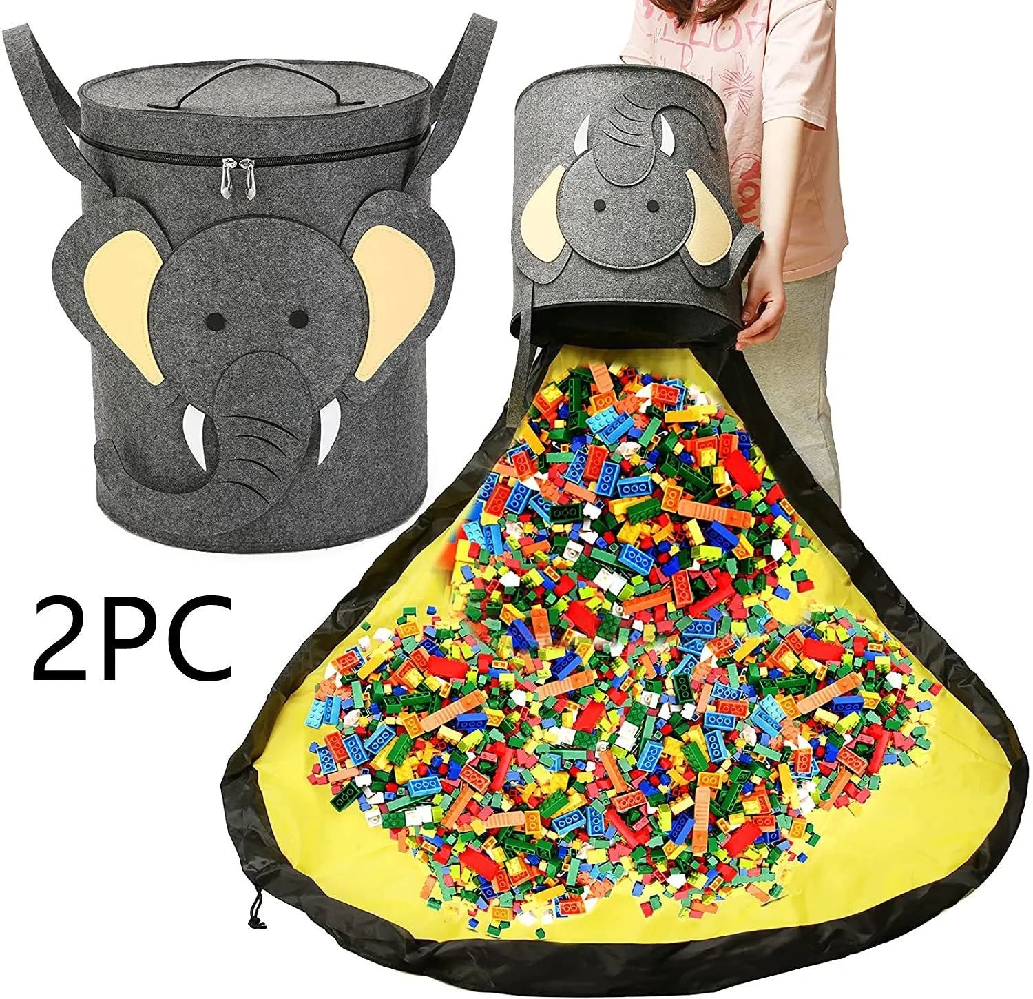 Green felt cube storage bag with pull rope closure shown as toy play mat