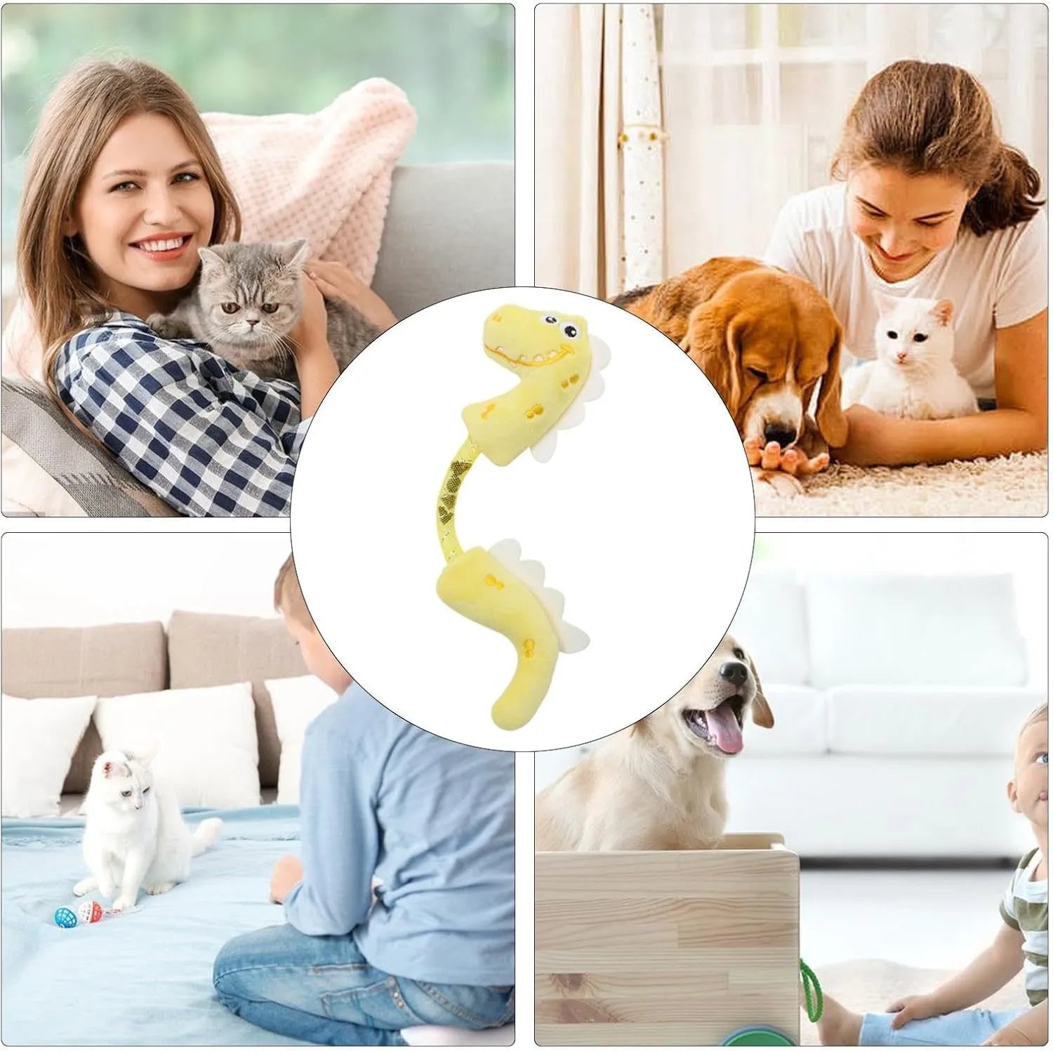Set of four cat chew toys including rope, fish, mouse, and bunny designs for indoor play