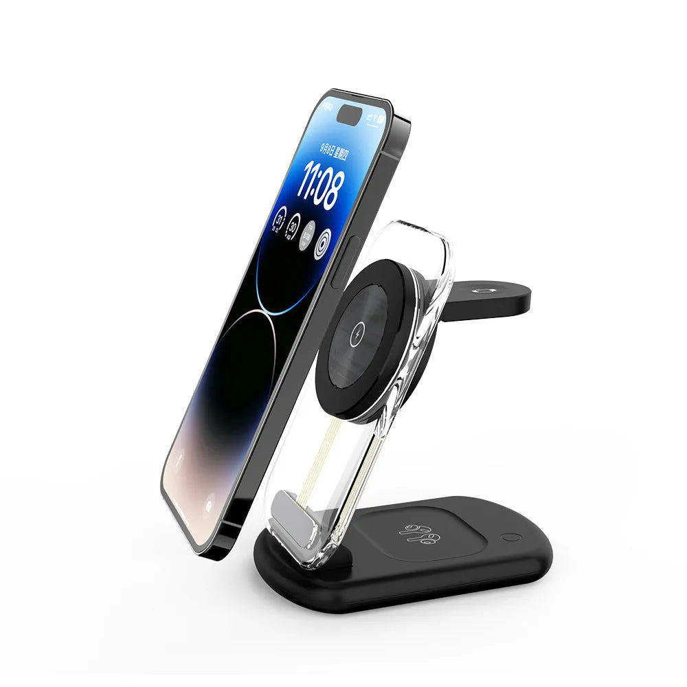 Transparent folding three-in-one magnetic wireless fast charger in black.