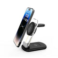 Transparent folding three-in-one magnetic wireless fast charger in black.