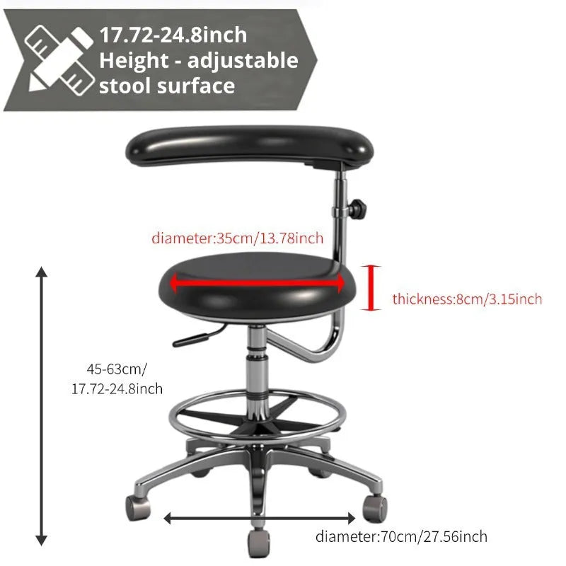 Black leather dental nurse chair with lift mechanism and casters