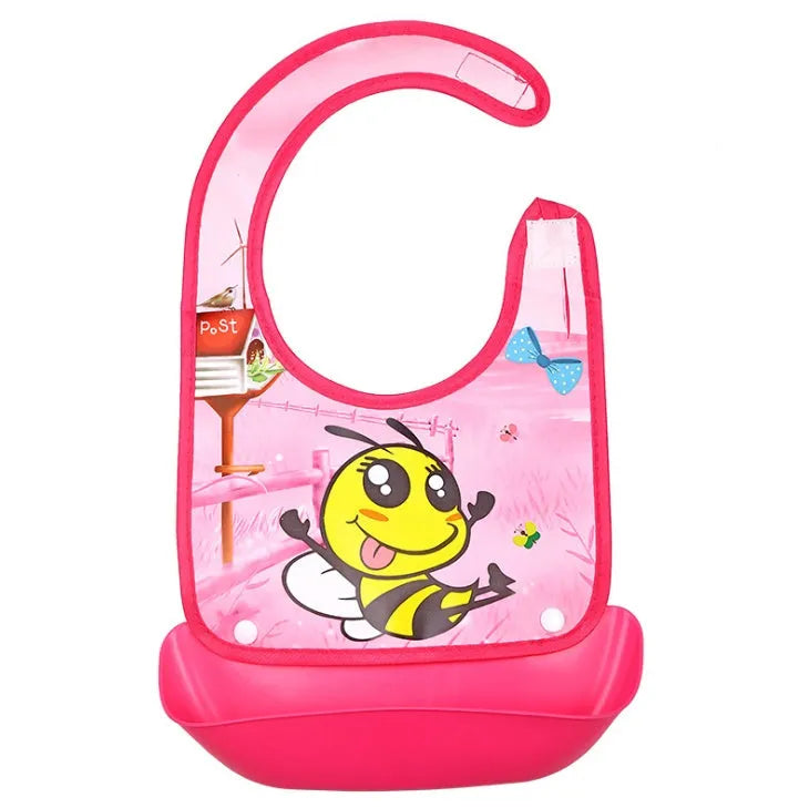 Cartoon baby PVC three-dimensional bib with blue koala pattern, silicone pocket and cotton cloth section on white background