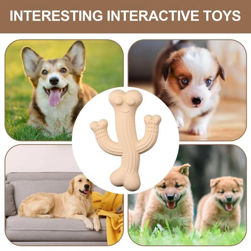Beige, blue, and purple cactus-shaped dog chew toy made from bamboo fibre and rubber, shown in small and large sizes.