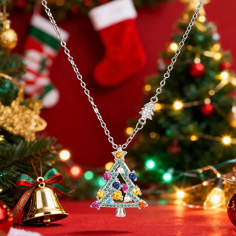 Women's Christmas tree necklace with copper inlaid zircon pendant and O-ring chain in white gold colour