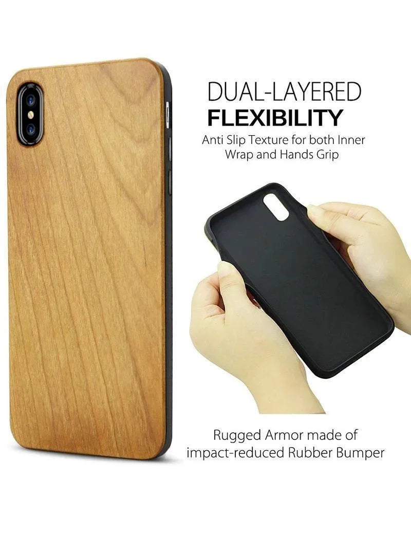 Laser-carved wooden back cover iPhone case with TPU frame showing detailed pattern.