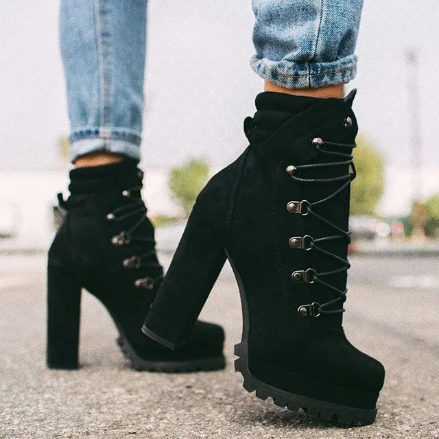 Women's suede high heel boots with thick 8cm heels in multiple colours
