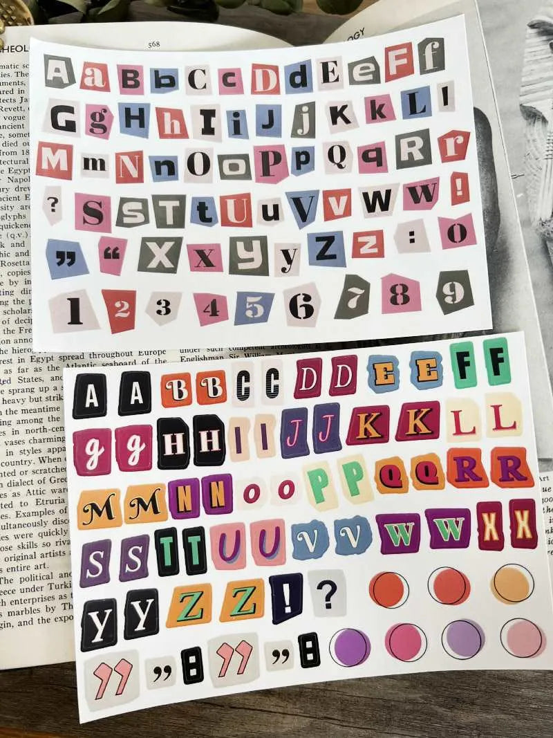 Sheet of cute style decorative stickers showing printed English alphabet letters and weekly words.