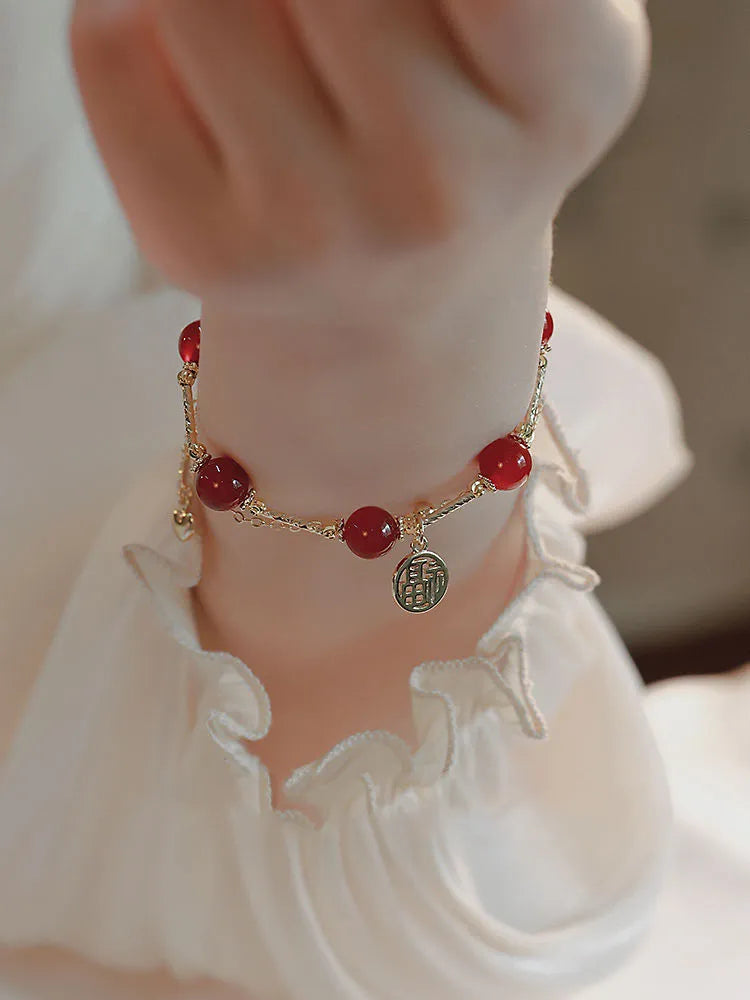 Red agate and alloy double-layer women's bracelet with red horse blessing card charm in gift box