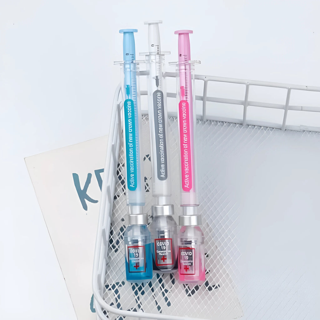 Vaccine design novelty gel pen with black 0.5mm refill and plastic construction