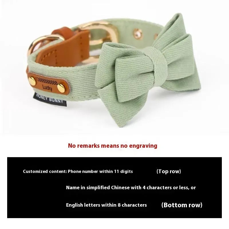 Dog collar with lettering and bowknot leather hand holding rope set in creamy green colour for small dogs