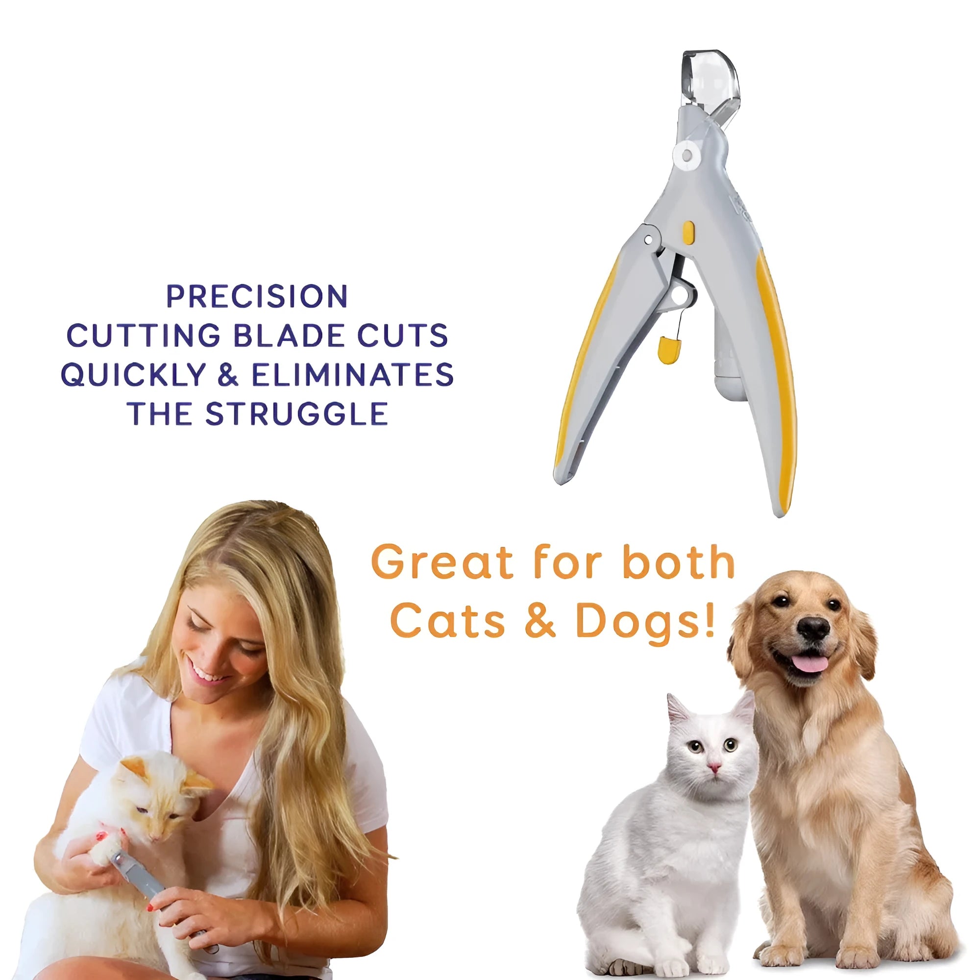 Yellow and grey pet nail clipper with LED light and magnifying glass, 14 cm long