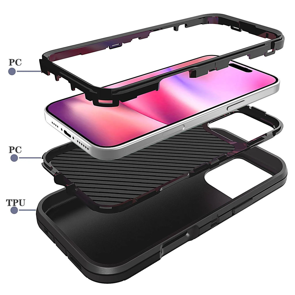 Three-in-one solid-colour drop-resistant hard shell phone case for Apple iPhone in black