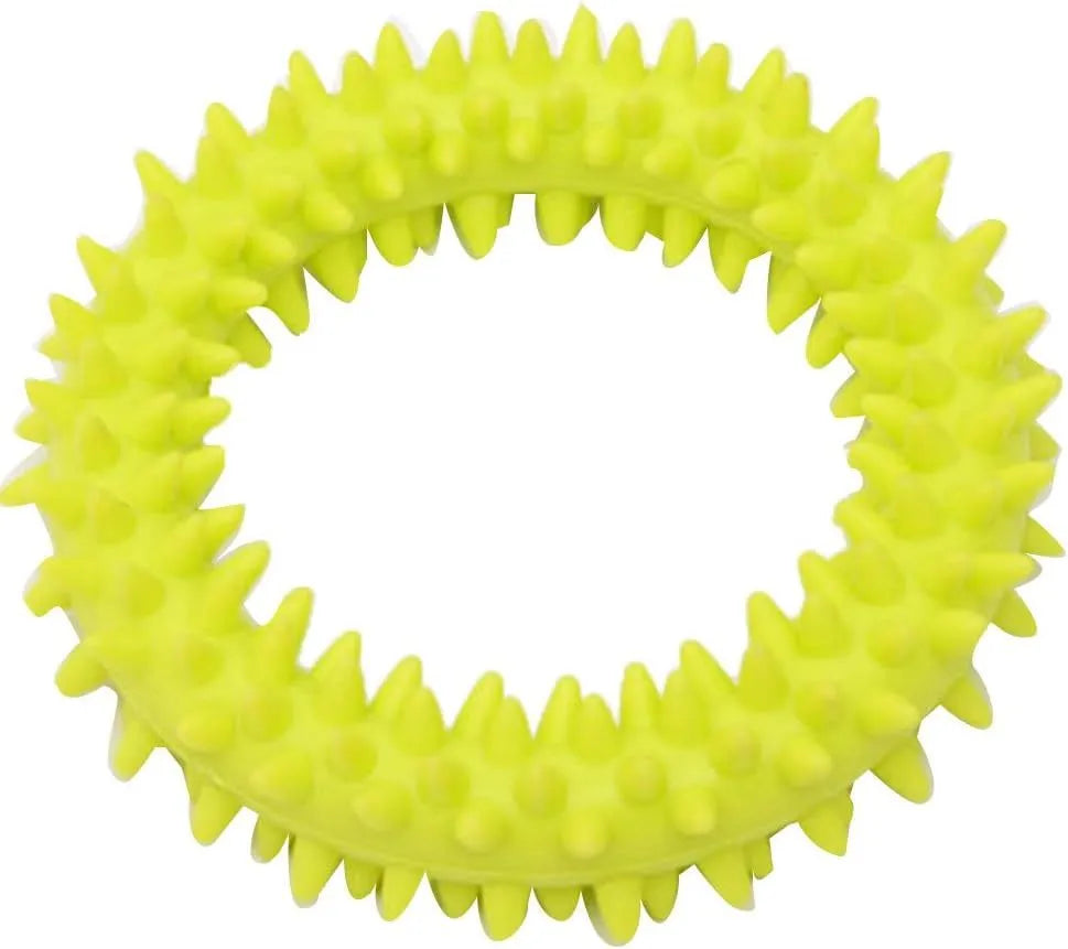 TPR spiky circle ring dog chew toy in assorted colours for dental cleaning and bite training