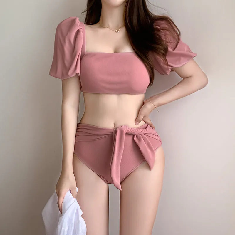 Women's bubble sleeve lace-up bow bikini split swimsuit in picture colour with nylon and spandex material
