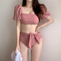 Women's bubble sleeve lace-up bow bikini split swimsuit in picture colour with nylon and spandex material