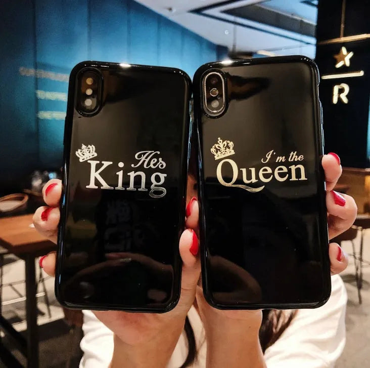 Cartoon crown phone case with KING QUEEN text for iPhone 6 6S 7 8 Plus X