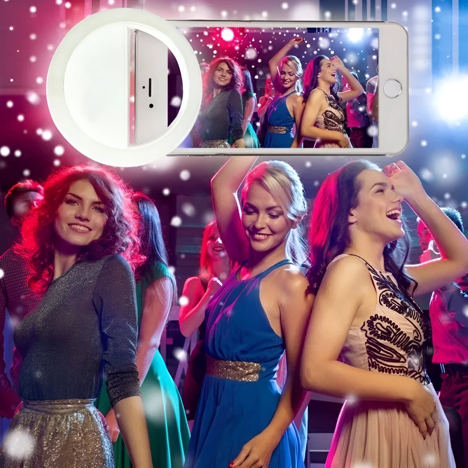 Mobile phone clip-on selfie ring light with LED bulbs in various colours