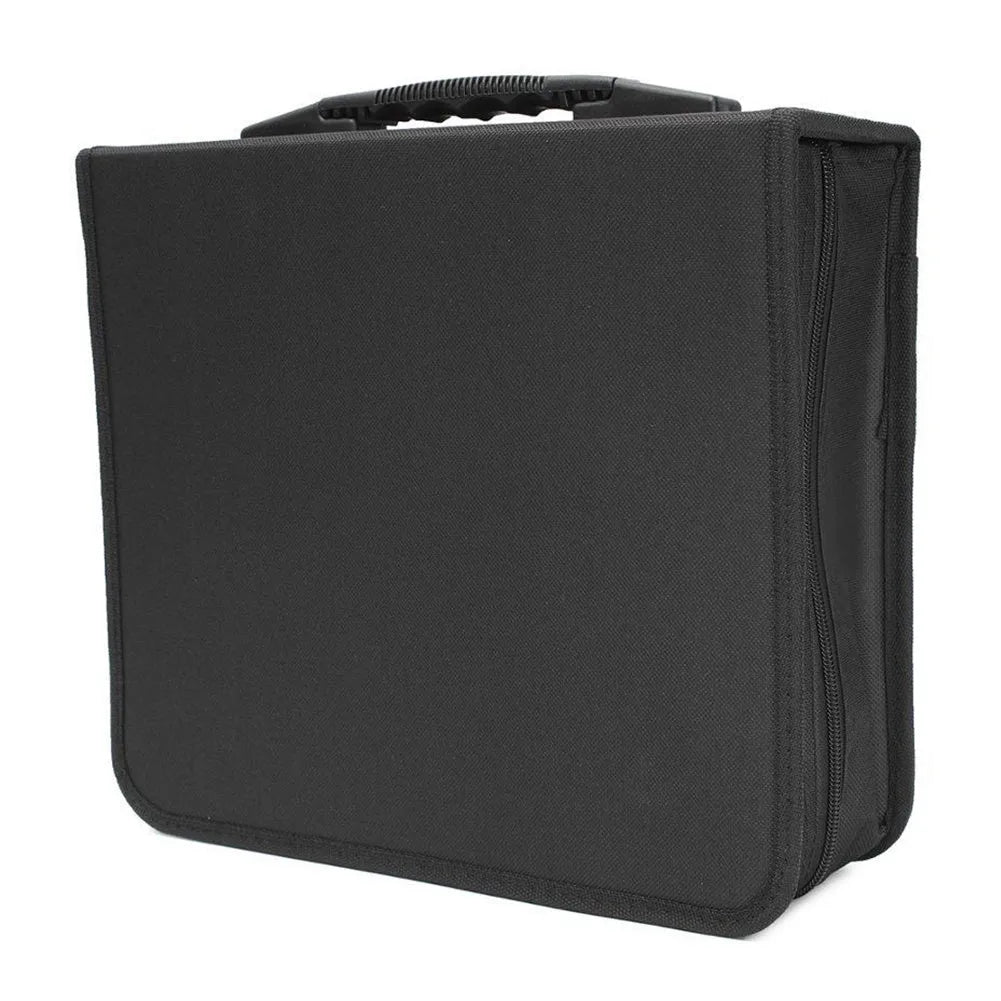 Black Oxford fabric CD storage binder with zipper closure and carrying strap