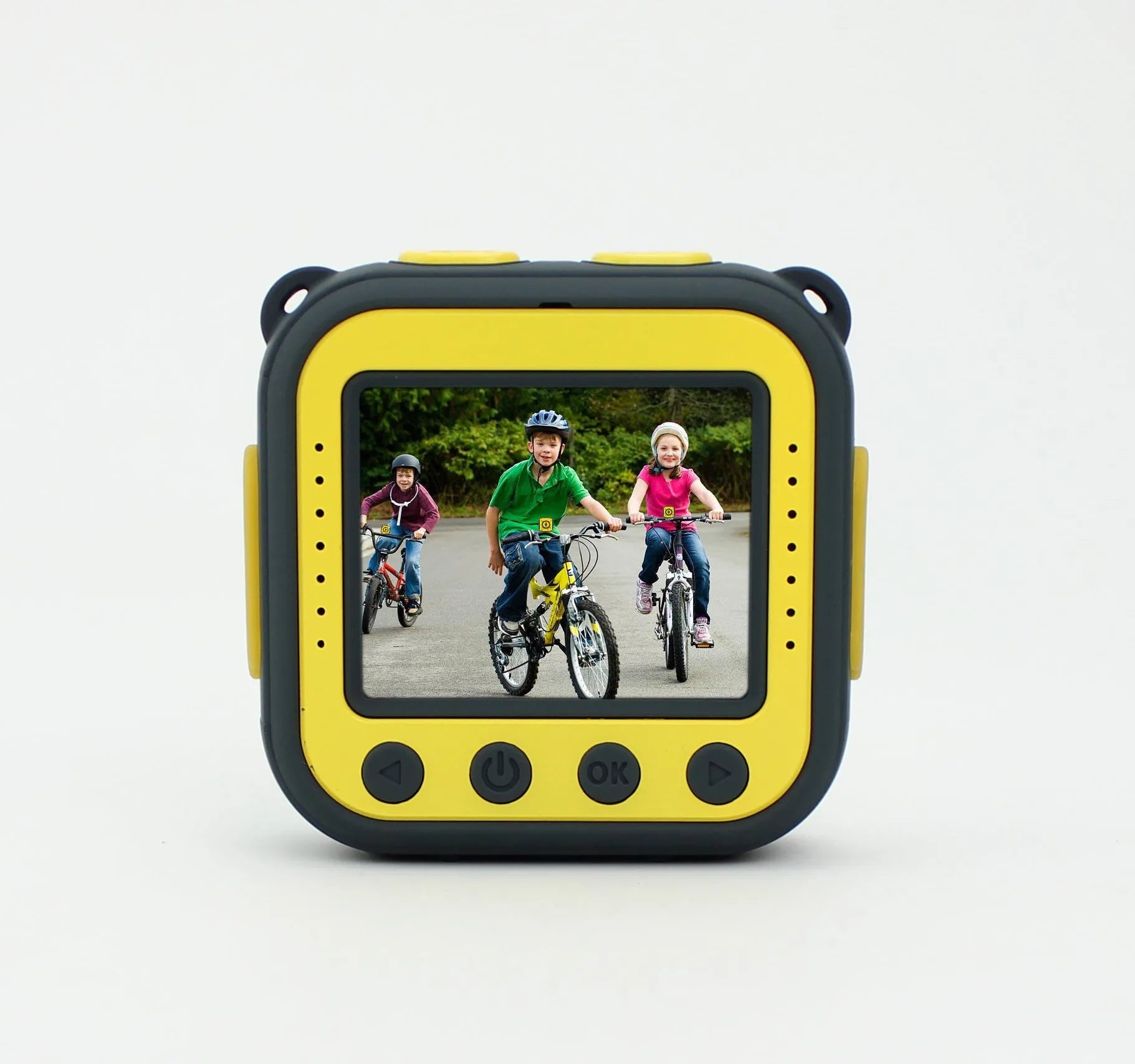 Yellow children's waterproof sports camera showing front display and controls