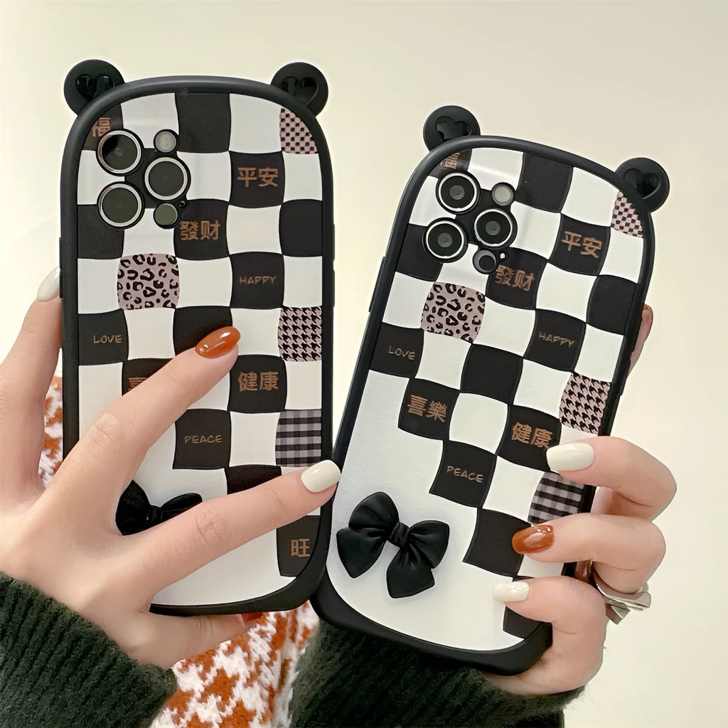 Black and white lattice bow silicone phone case for iPhone, protective shell style