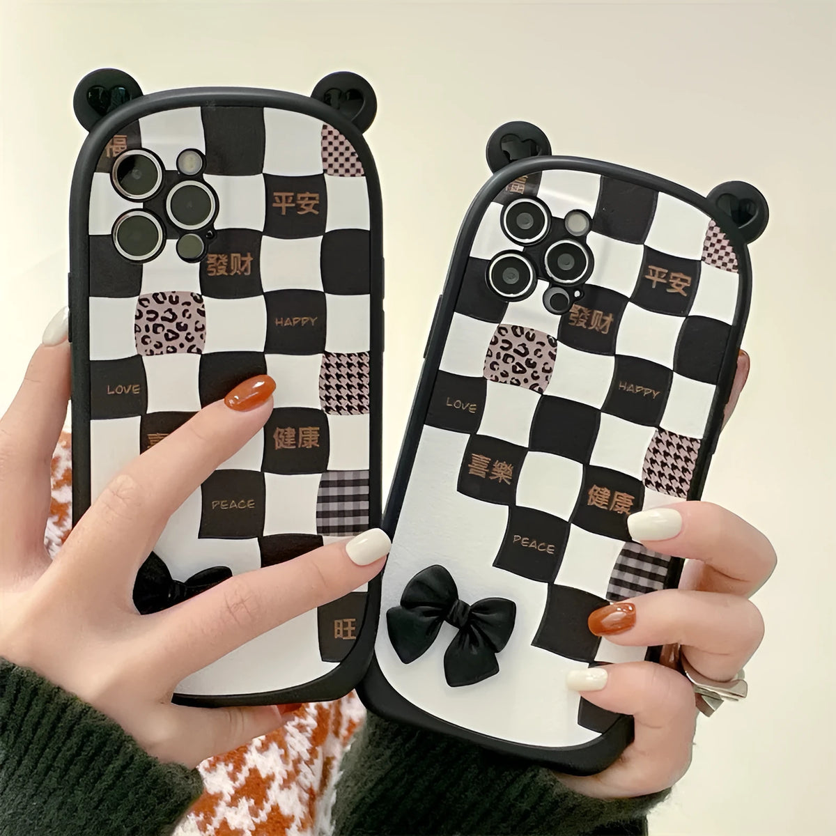 Black and white lattice bow silicone phone case for iPhone, protective shell style