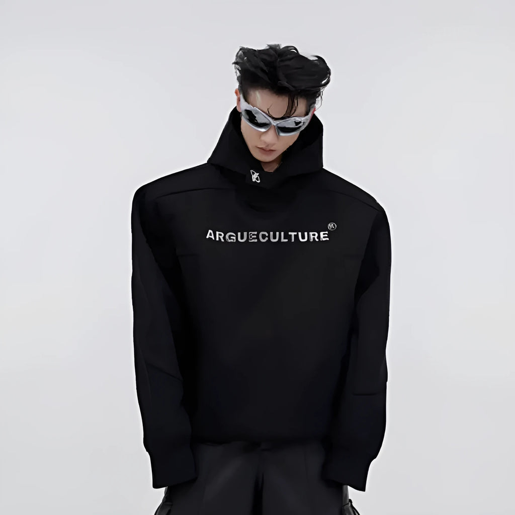 Men's loose hooded sweater with metal three-dimensional printing and structured shoulder pads