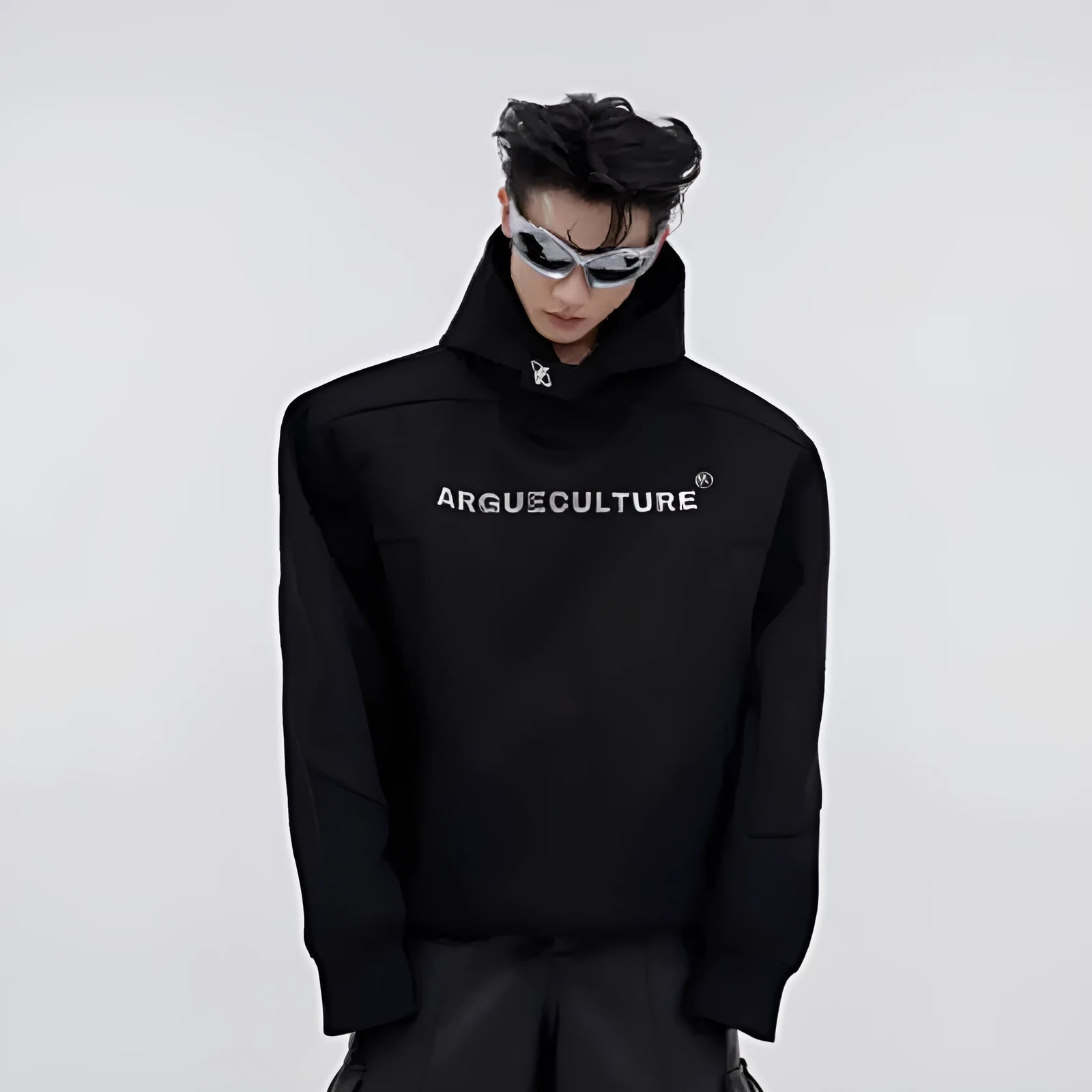 Men's loose hooded sweater with metal three-dimensional printing and structured shoulder pads
