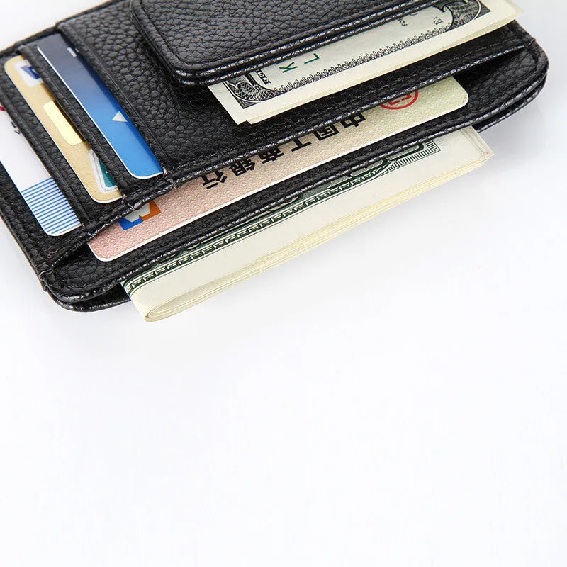 Men's PU leather wallet with magnetic snap closure in black, short square vertical shape with sewing line details