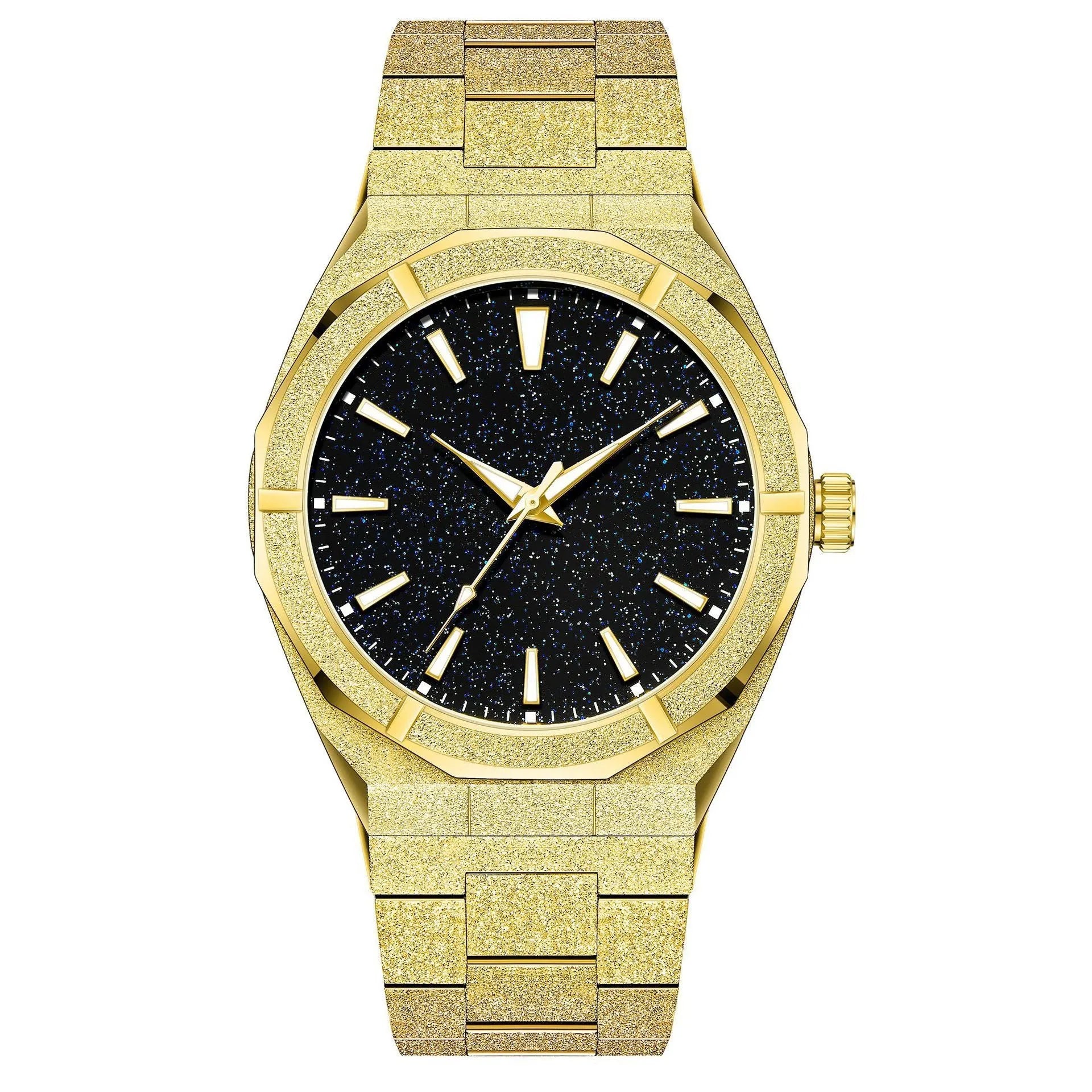 Men's business watch with frosted stainless steel case and luminous markers in silver, gold or black options