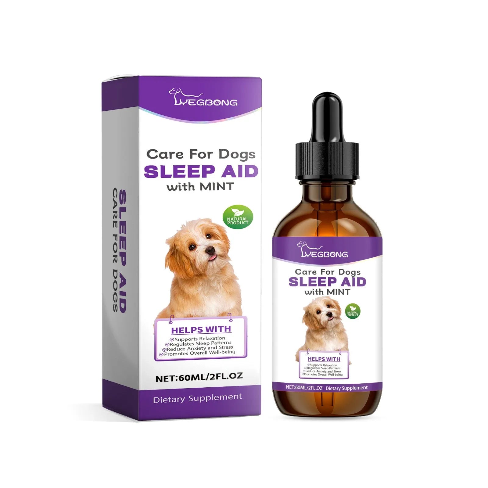 60ml bottle of Dog Sleep Drops for pets, measuring 3.3cm by 12cm.