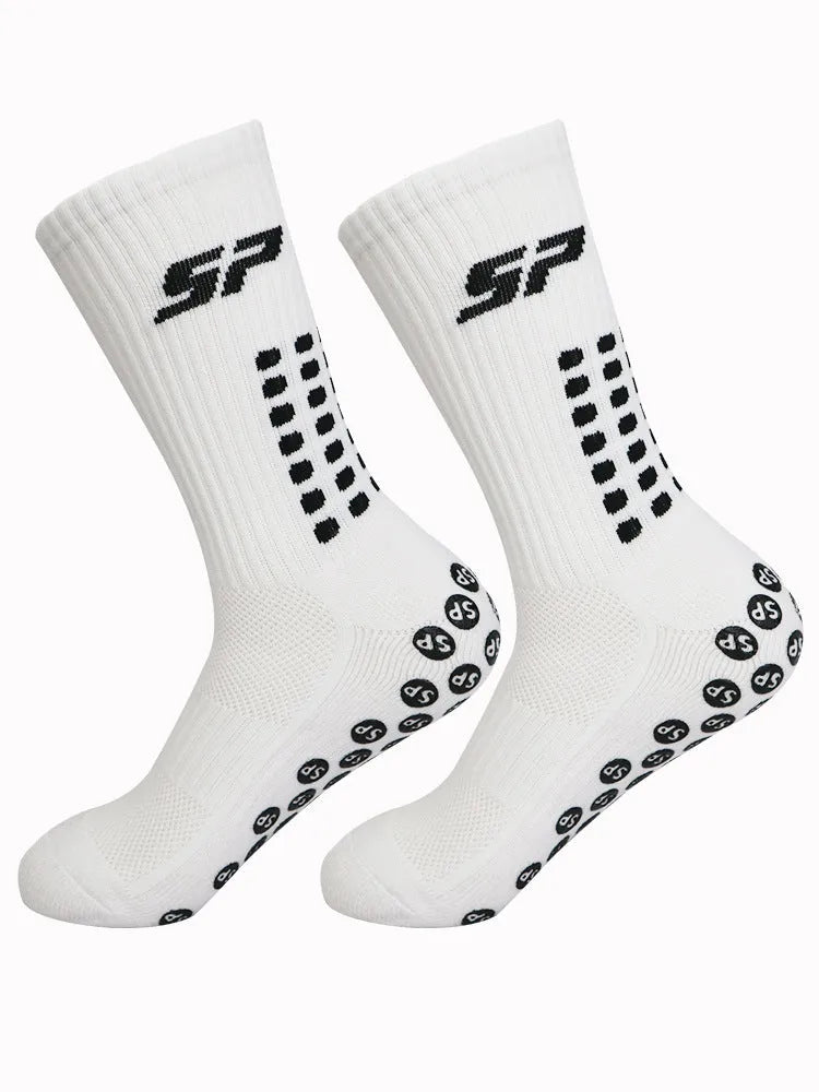 Non-slip nylon mid-calf socks for badminton and soccer in blue, shown on a white background