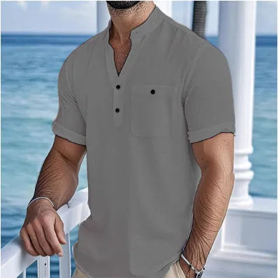 Men's linen stand collar short sleeve shirt in loose fit with solid colour