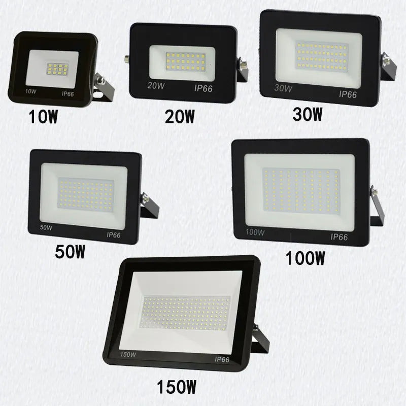 Black LED flood light with high-strength aluminium housing and glass cover, IP65 outdoor rated