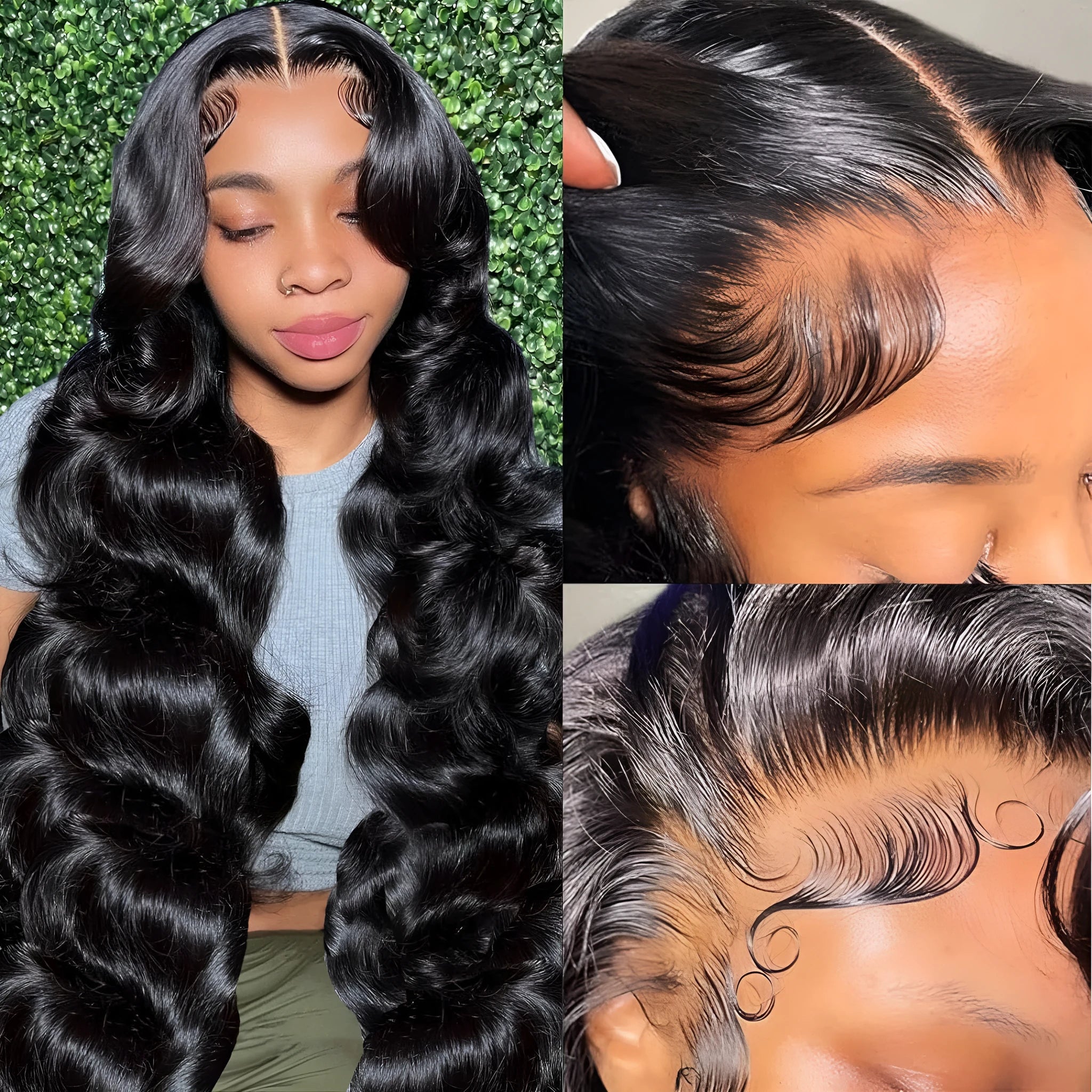 Black synthetic full-head wig with medium-length hair and large, curly waves on a display.