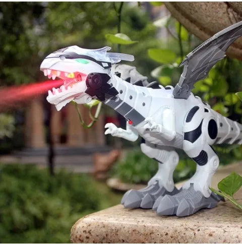 Remote control dinosaur robot in green on a light background, with hand-held remote control beside it