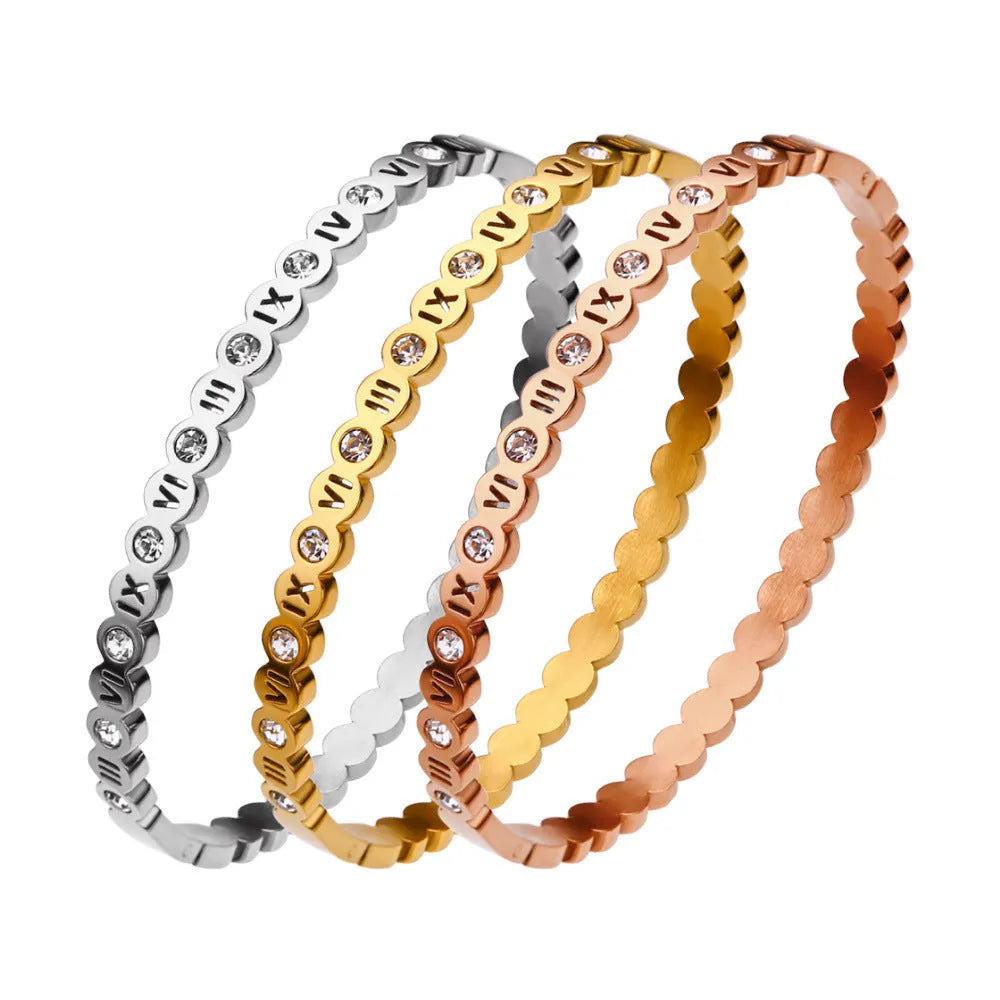 Titanium steel bracelet with electroplated finish and numeric decorative elements in Korean style