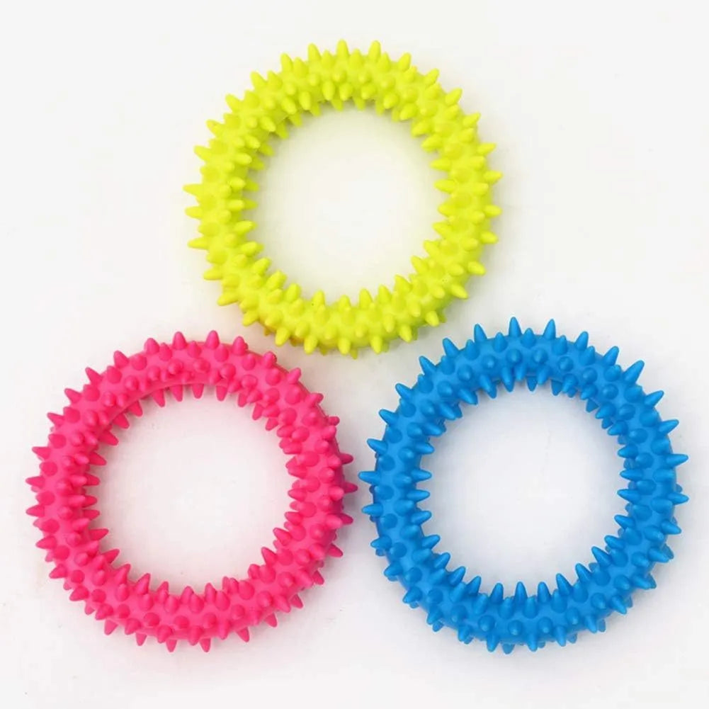 TPR spiky circle ring dog chew toy in assorted colours for dental cleaning and bite training