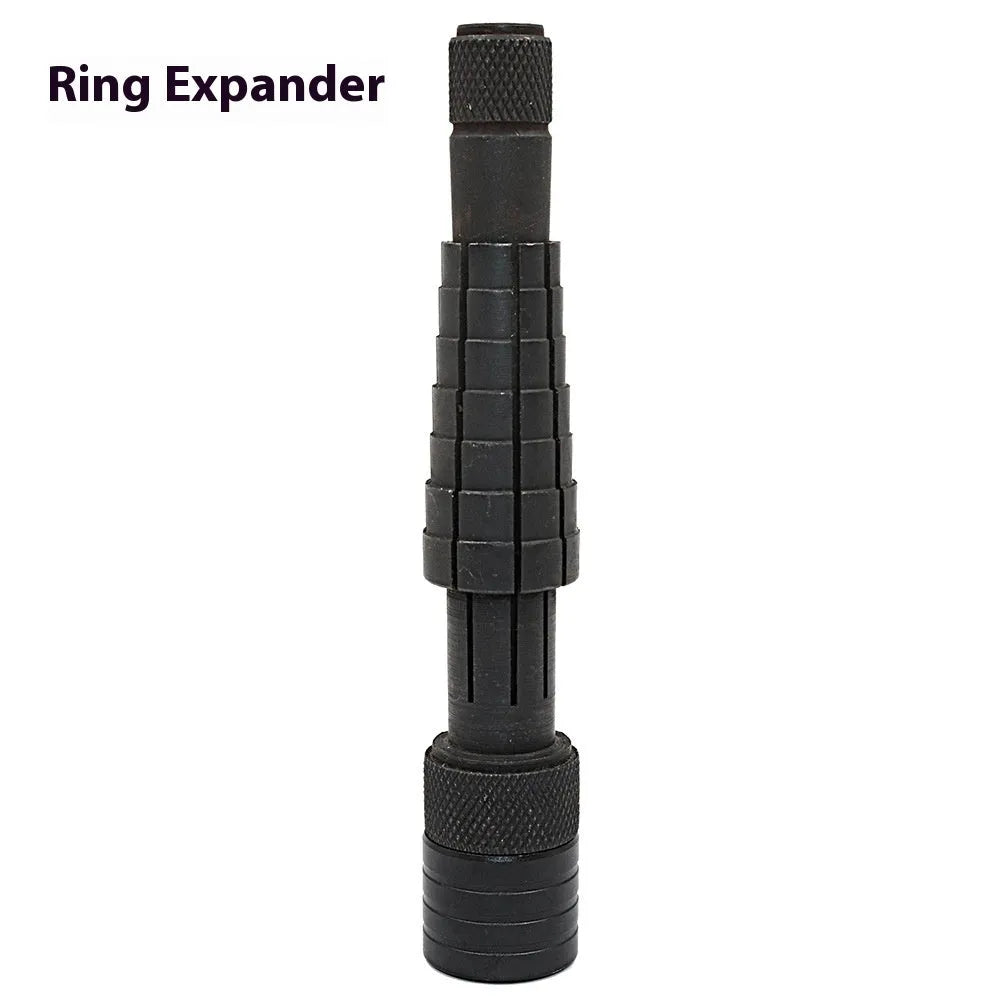 Black ring expansion tool set with base expander and rubber hammer for jewellery resizing