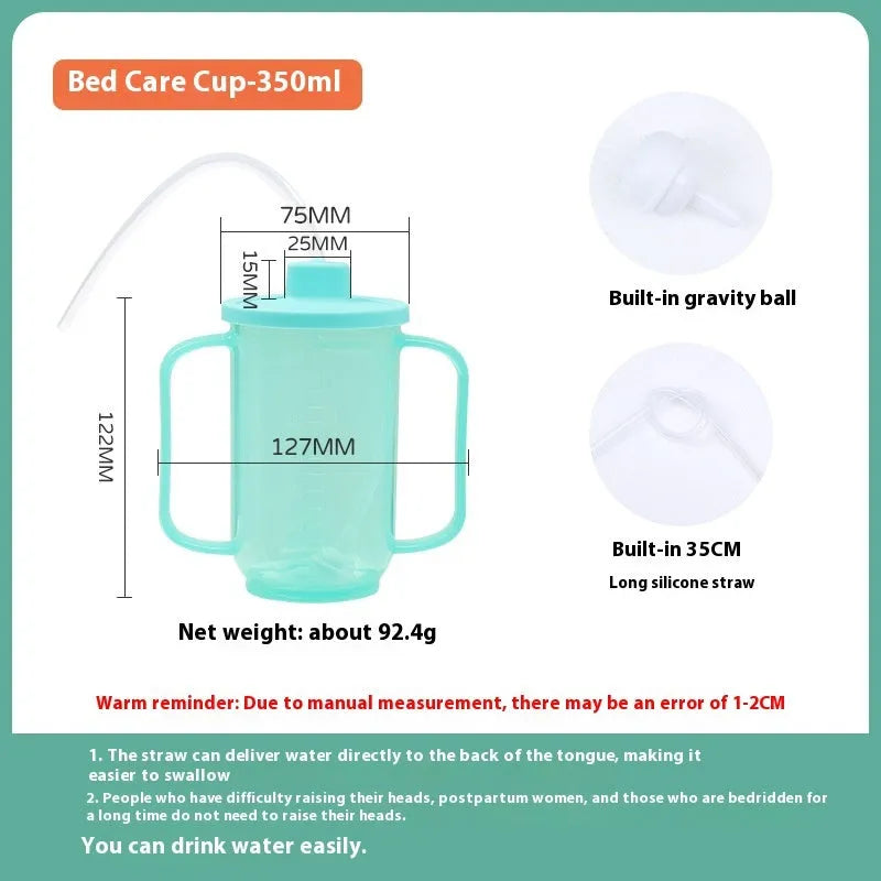 Oblique mouth anti-choke bed care cup with handle and optional wrist splint attachment