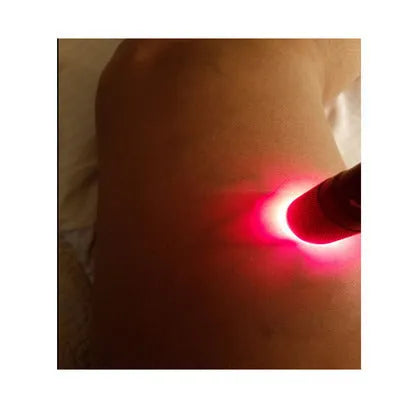 Black aluminium Smart Vein Locator device with red LED lights on, showing compact size.