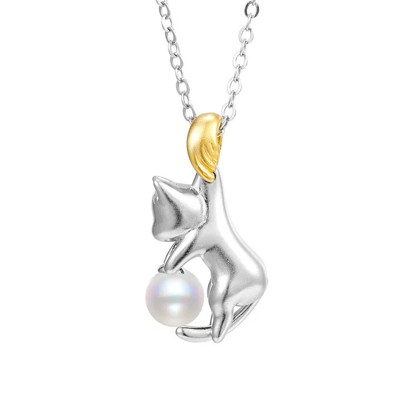 925 sterling silver clavicle necklace with a cat pendant and electroplated finish.