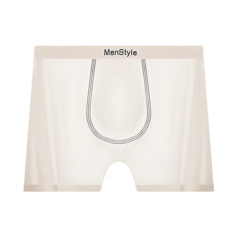 Men's seamless satin ice silk boxer shorts in a mid-waist design shown in bare skin colour.