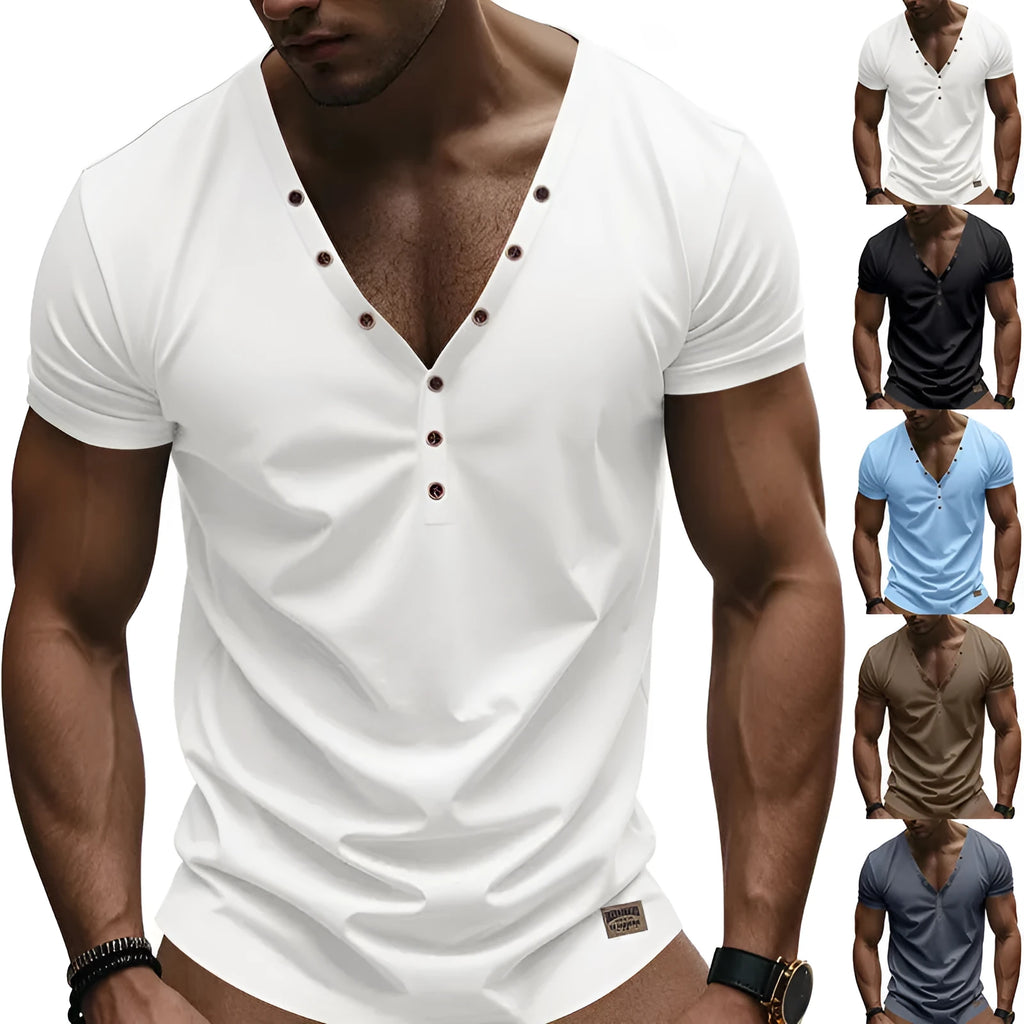 Men's loose fit solid colour v-neck pullover top on a hanger