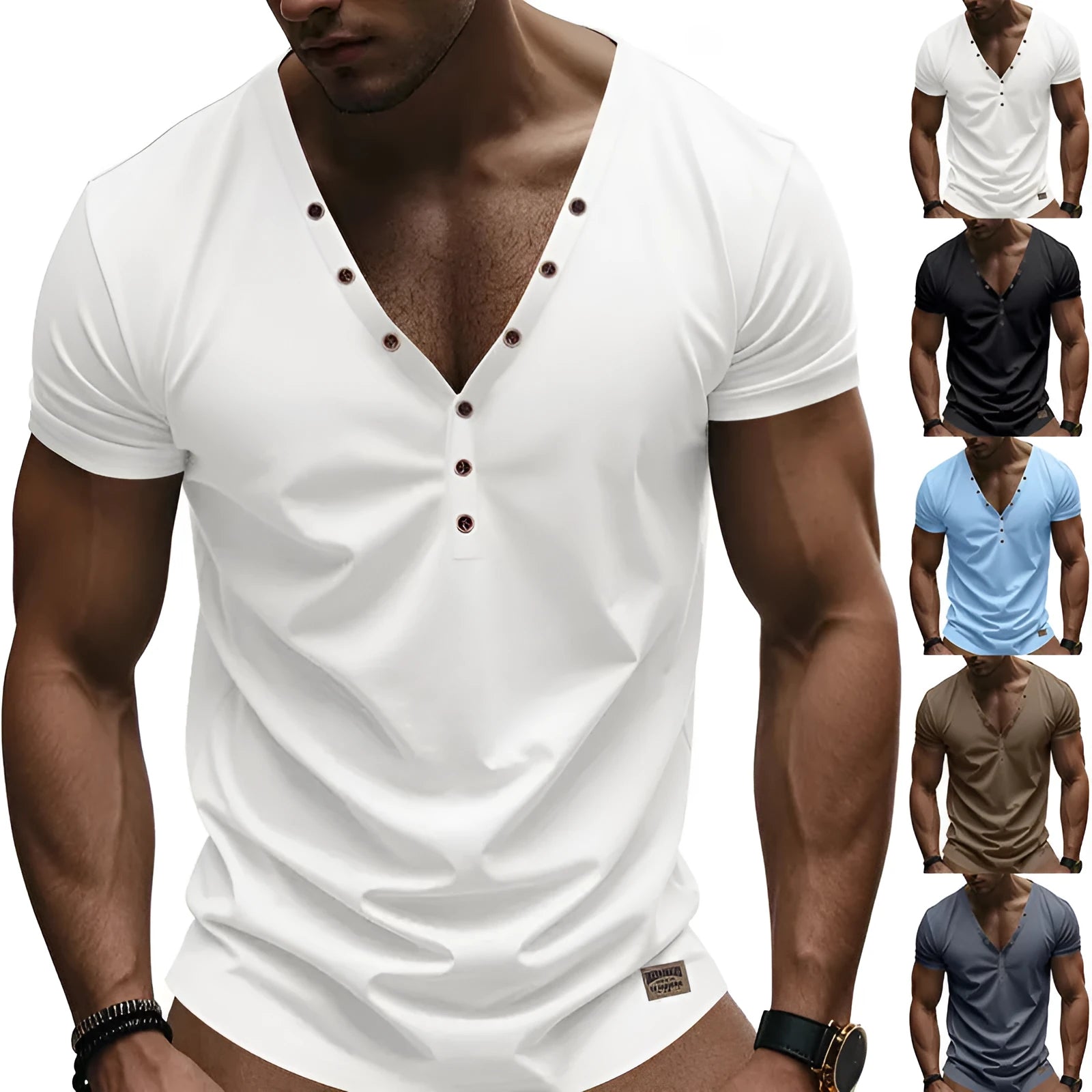 Men's loose fit solid colour v-neck pullover top on a hanger