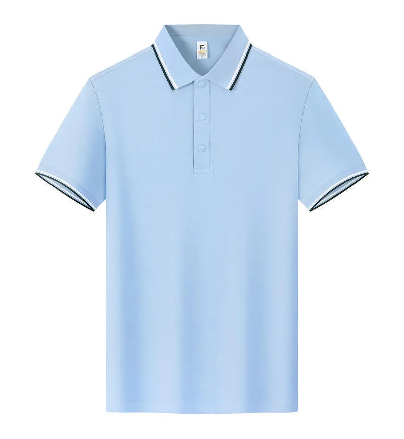 Lapel collar short sleeve cotton T-shirt on a hanger, shown in multiple colour options.