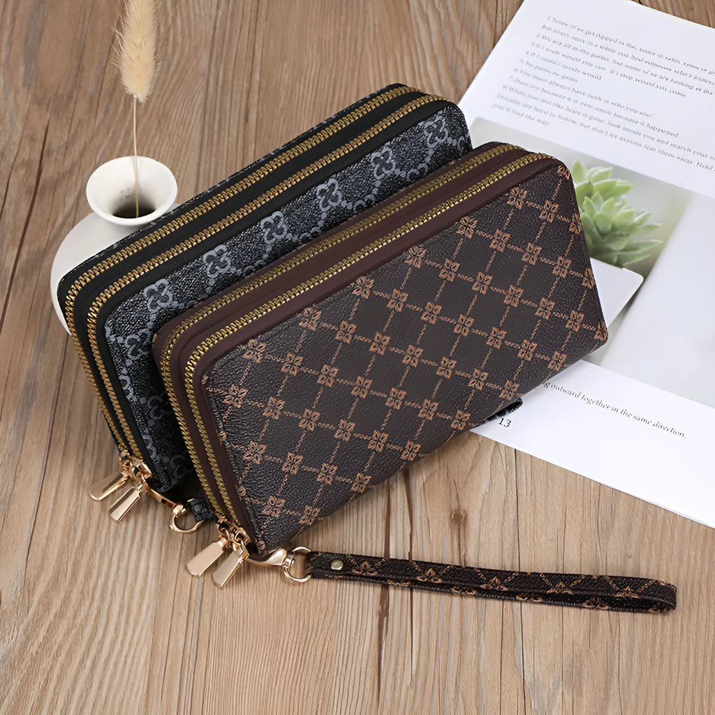 Long black PU leather wallet clutch with retro styling, open to show mobile phone compartment and coin purse sections