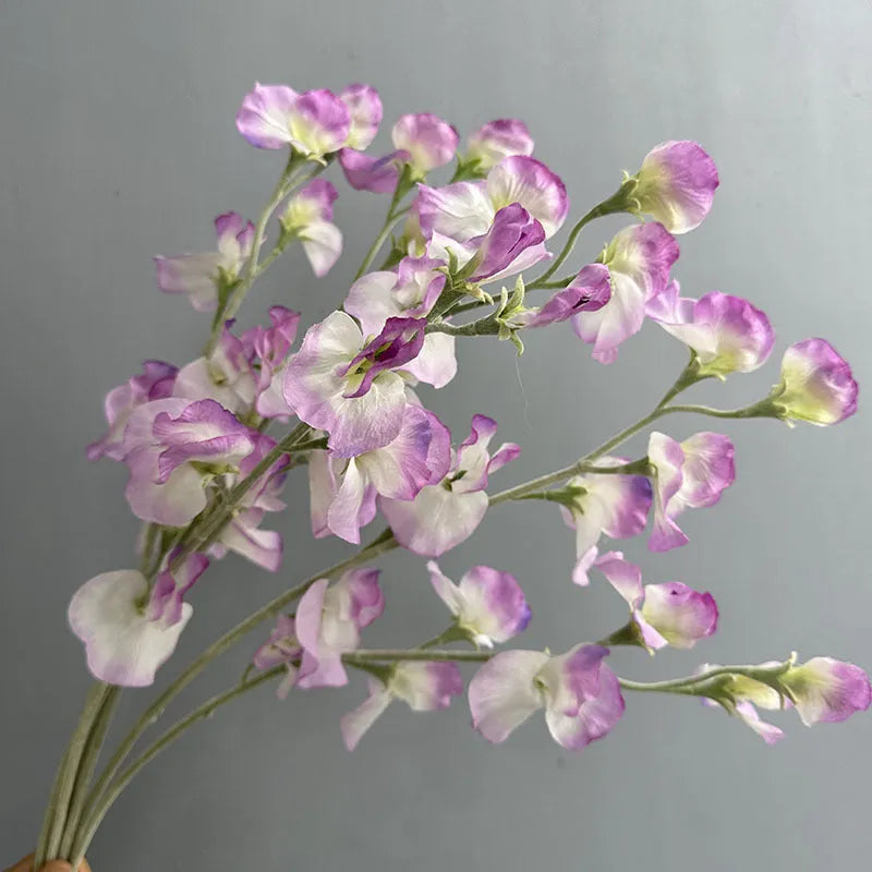 Purple flocking fragrant pea fake flower 63cm artificial silk stem on white background